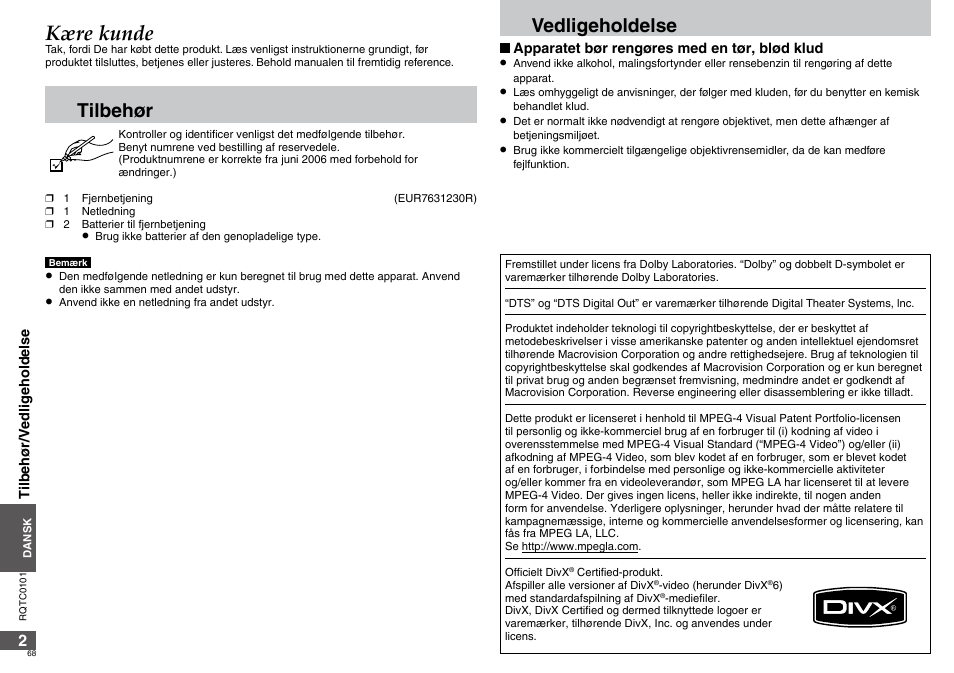 Kære kunde, Tilbehør, Vedligeholdelse | Panasonic DVDS325 User Manual | Page 68 / 76