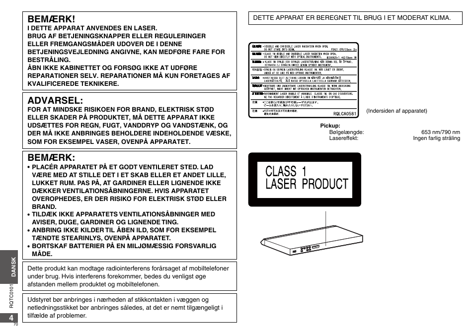 Bemærk, Advarsel | Panasonic DVDS325 User Manual | Page 70 / 76