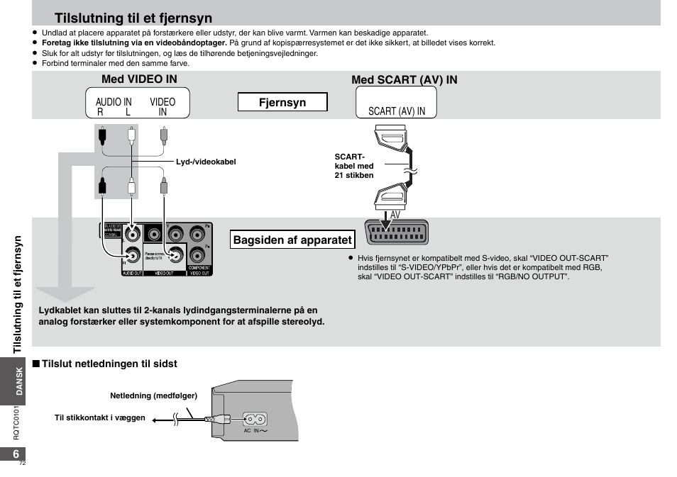 Tilslutning til et fjernsyn | Panasonic DVDS325 User Manual | Page 72 / 76
