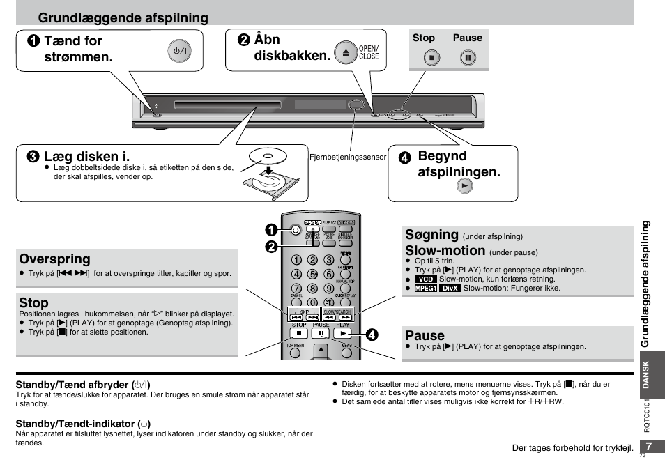 Begynd afspilningen, Overspring, Stop | Søgning, Slow-motion, Pause | Panasonic DVDS325 User Manual | Page 73 / 76