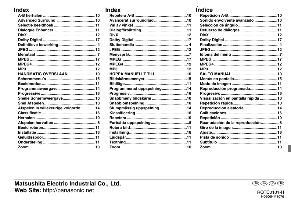 Index, Índice | Panasonic DVDS325 User Manual | Page 76 / 76