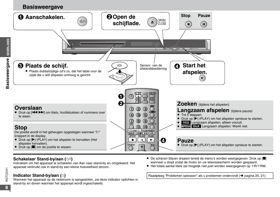Start het afspelen, Overslaan, Stop | Zoeken, Langzaam afspelen, Pauze | Panasonic DVDS325 User Manual | Page 8 / 76