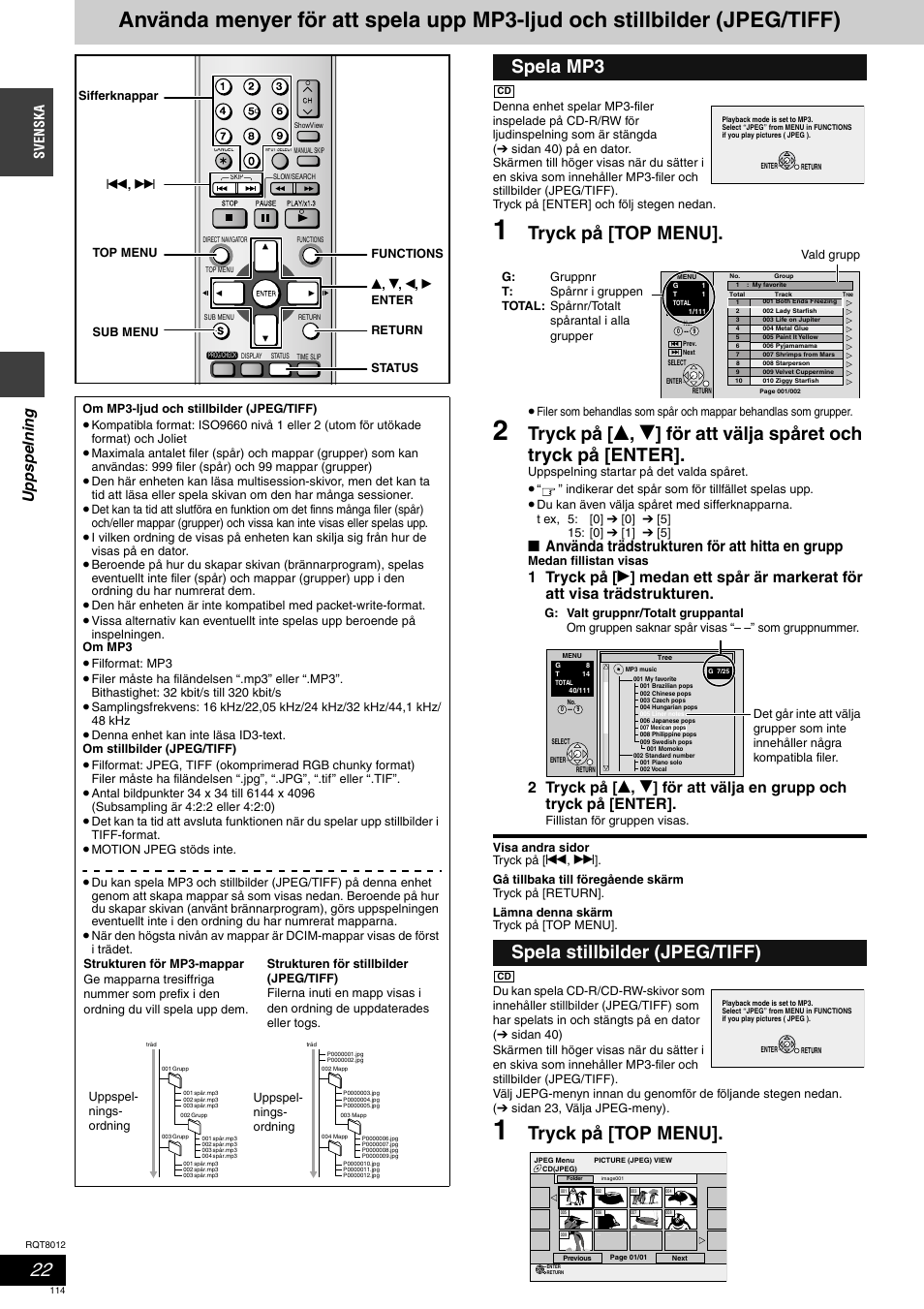 Tryck på [top menu, Spela mp3 spela stillbilder (jpeg/tiff), Upps pelning | Använda trädstrukturen för att hitta en grupp, Svenska | Panasonic DMRES10 User Manual | Page 114 / 156