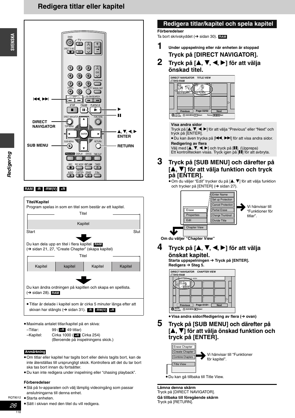 Redigera titlar eller kapitel, Tryck på [direct navigator, Redigera titlar/kapitel och spela kapitel | Redige ring | Panasonic DMRES10 User Manual | Page 118 / 156