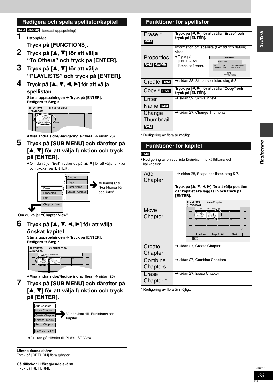 Tryck på [functions, Redigera och spela spellistor/kapitel, Funktioner för spellistor erase | Properties, Create, Copy, Enter name, Change thumbnail, Funktioner för kapitel add chapter move chapter, Create chapter | Panasonic DMRES10 User Manual | Page 121 / 156