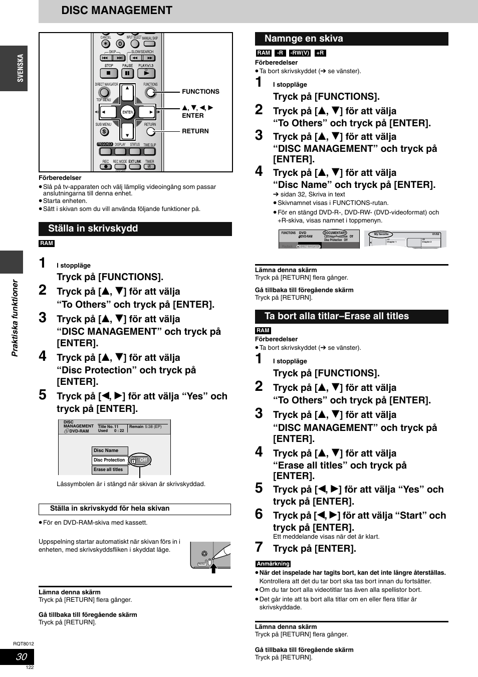 Disc management, Tryck på [functions, Tryck på [enter | Ställa in skrivskydd | Panasonic DMRES10 User Manual | Page 122 / 156