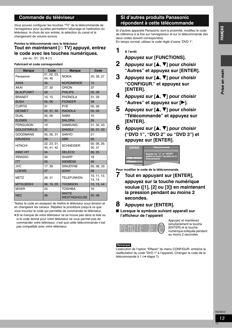 Appuyez sur [functions, Appuyez sur [enter, Commande du téléviseur | Panasonic DMRES10 User Manual | Page 13 / 156