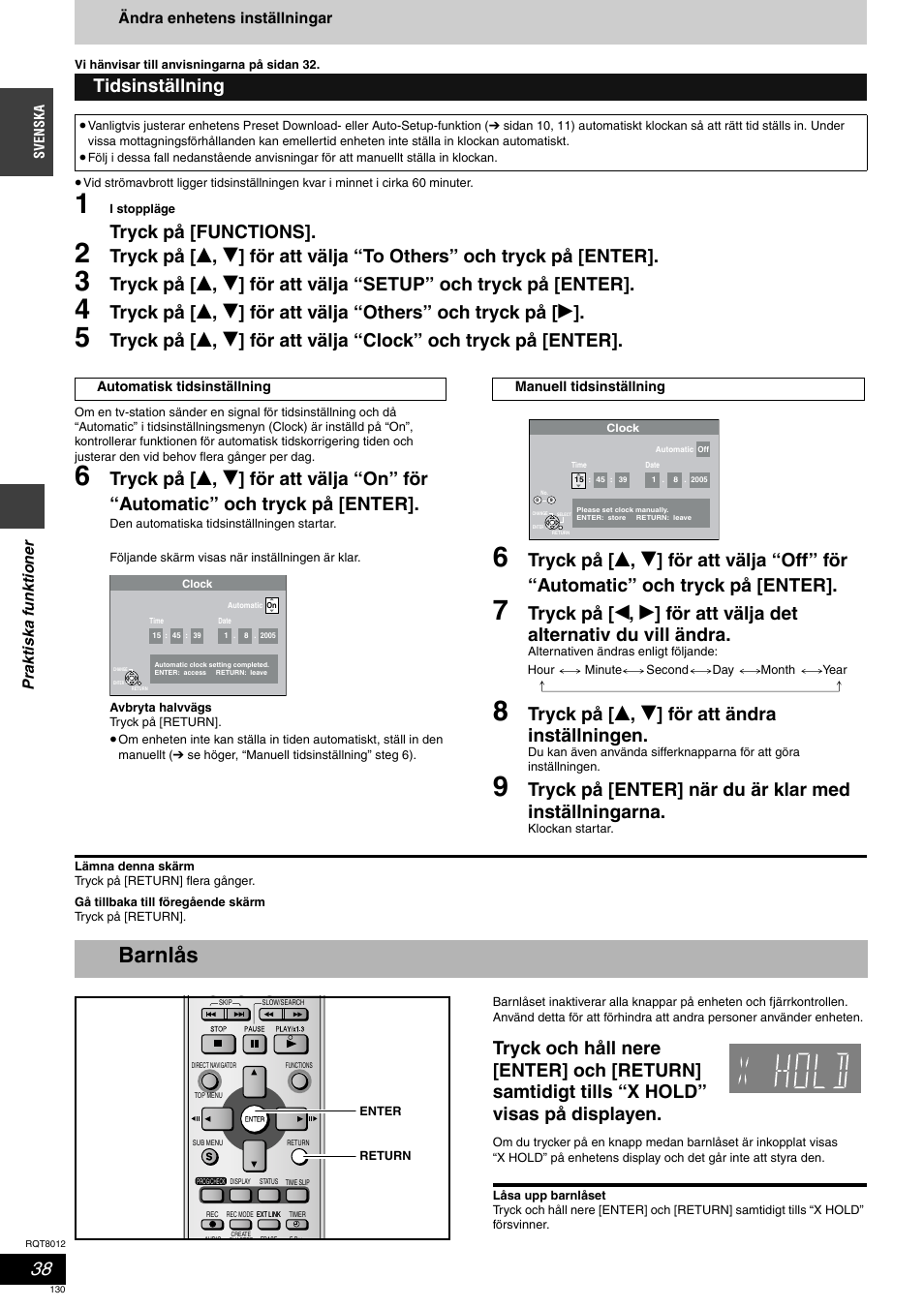 Barnlås, Tryck på [functions, Tryck på [ e , r ] för att ändra inställningen | Tidsinställning | Panasonic DMRES10 User Manual | Page 130 / 156