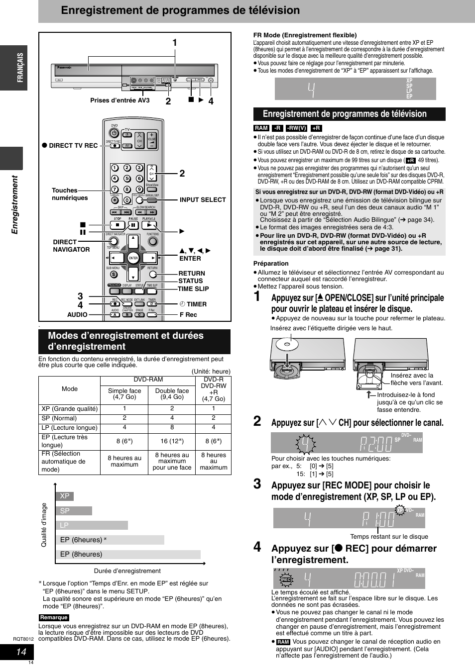 Enregistrement de programmes de télévision, Appuyez sur [ 1 2 ch] pour sélectionner le canal, Modes d’enregistrement et durées d’enregistrement | Panasonic DMRES10 User Manual | Page 14 / 156