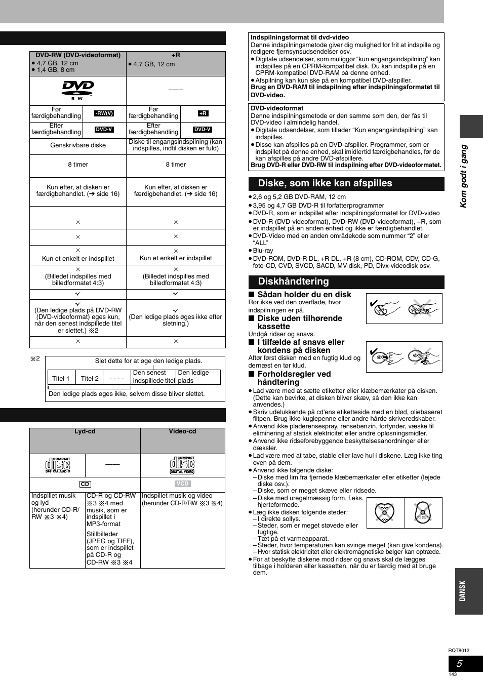 Diske, som ikke kan afspilles diskhåndtering | Panasonic DMRES10 User Manual | Page 143 / 156