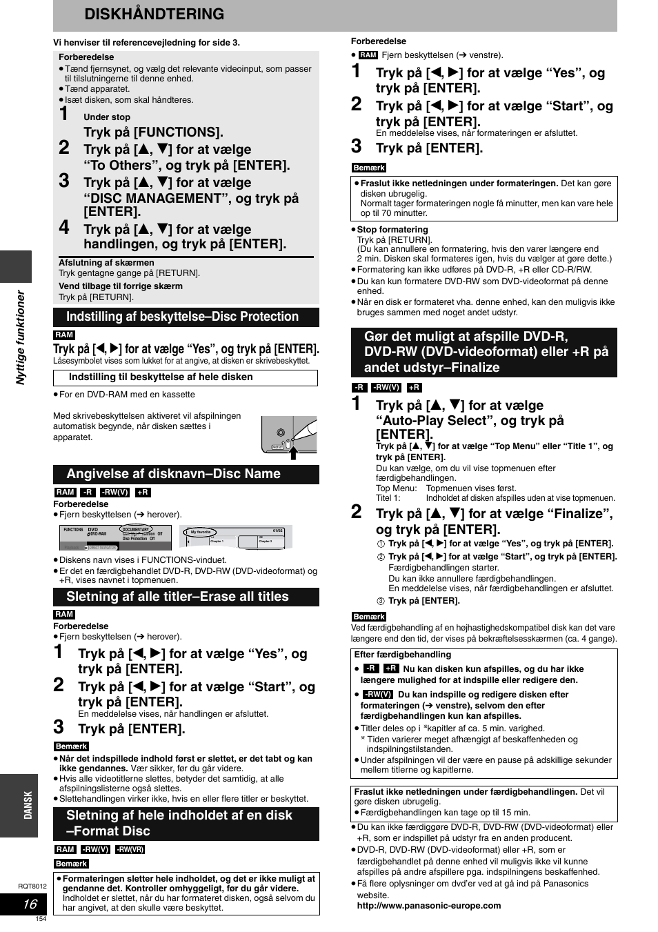 Diskhåndtering, Tryk på [enter, Tryk på [functions | Indstilling af beskyttelse–disc protection | Panasonic DMRES10 User Manual | Page 154 / 156