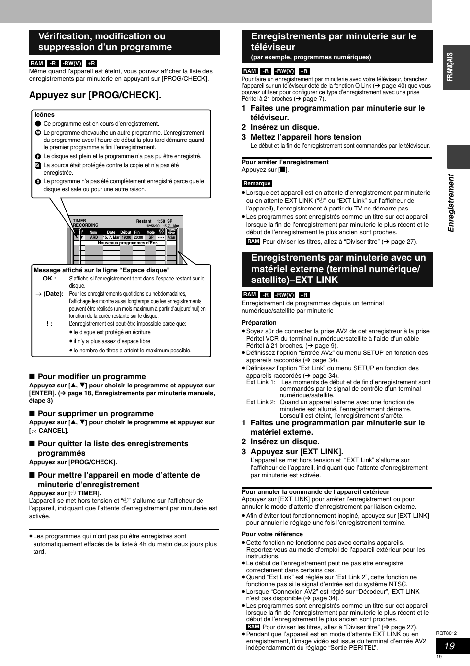 Appuyez sur [prog/check, Enregistrements par minuterie sur le téléviseur | Panasonic DMRES10 User Manual | Page 19 / 156