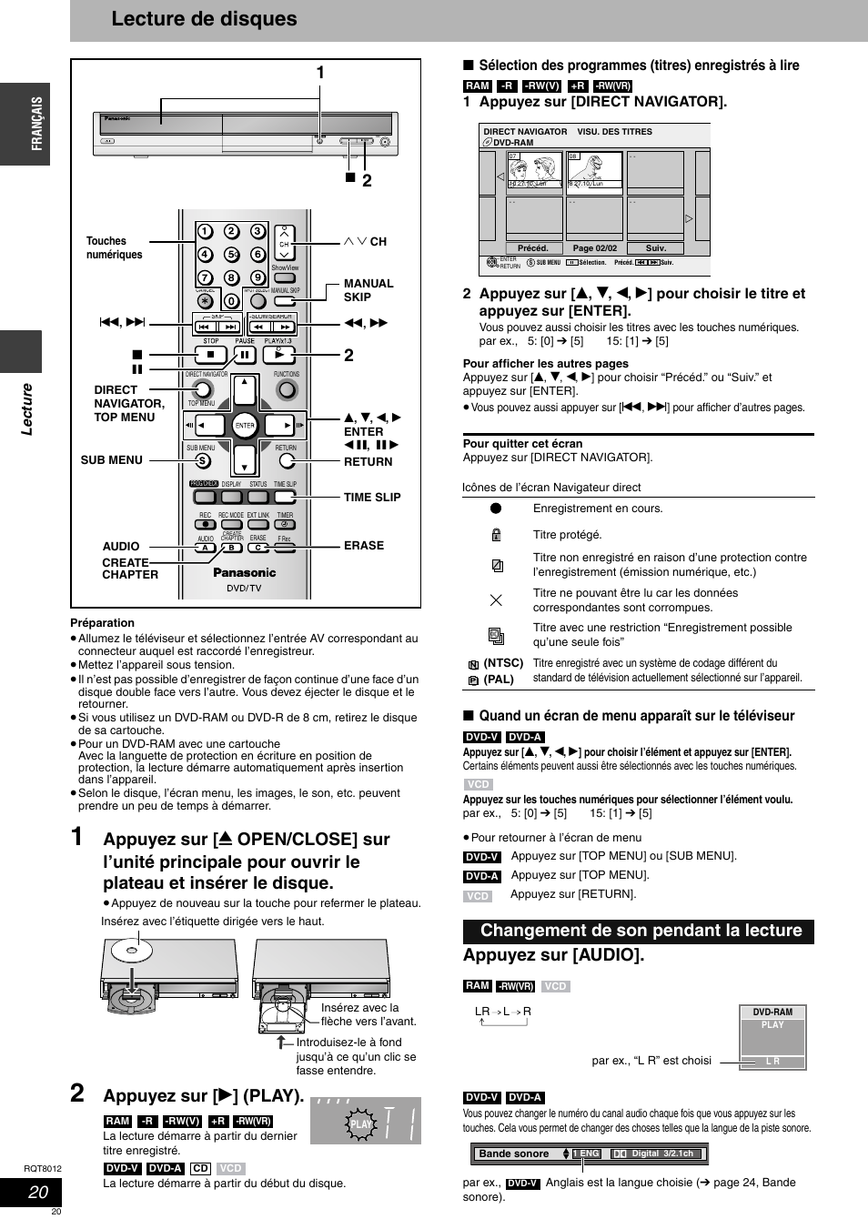 Lecture de disques, Appuyez sur [ q ] (play), Appuyez sur [audio | Changement de son pendant la lecture, Le ct ure, Quand un écran de menu apparaît sur le téléviseur | Panasonic DMRES10 User Manual | Page 20 / 156