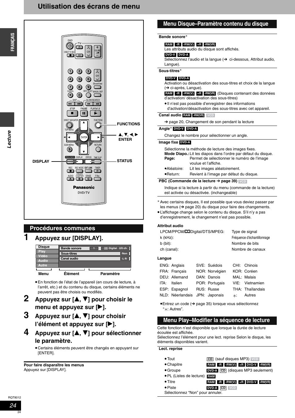 Utilisation des écrans de menu, Appuyez sur [display, Procédures communes | Menu disque–paramètre contenu du disque, Menu play–modifier la séquence de lecture | Panasonic DMRES10 User Manual | Page 24 / 156