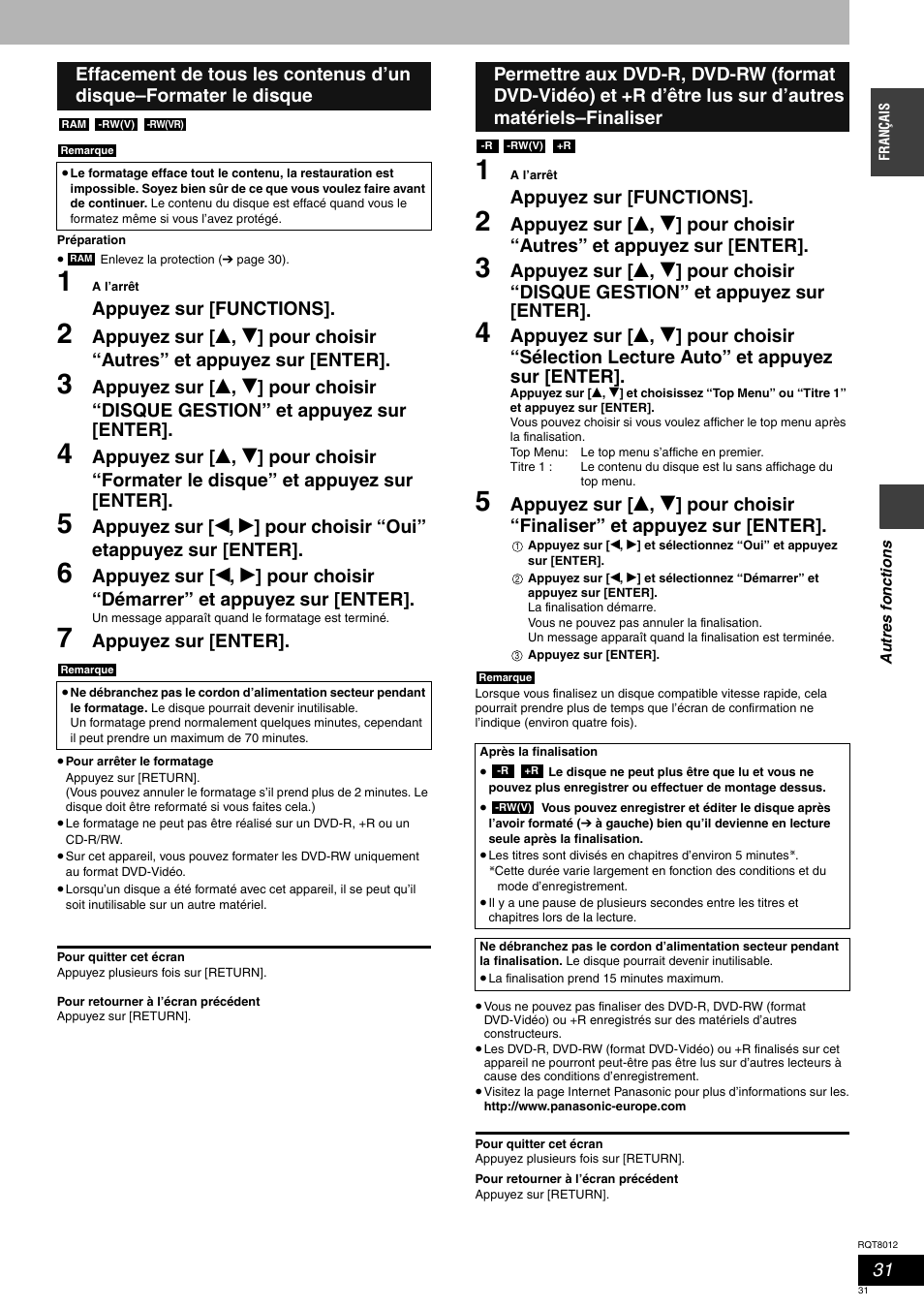 Appuyez sur [functions, Appuyez sur [enter | Panasonic DMRES10 User Manual | Page 31 / 156