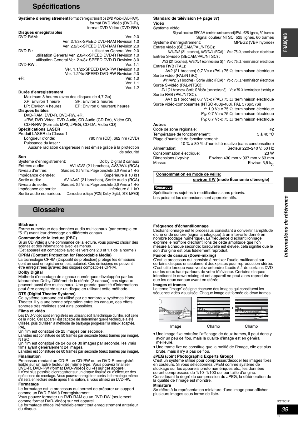 Spécifications, Glossaire | Panasonic DMRES10 User Manual | Page 39 / 156