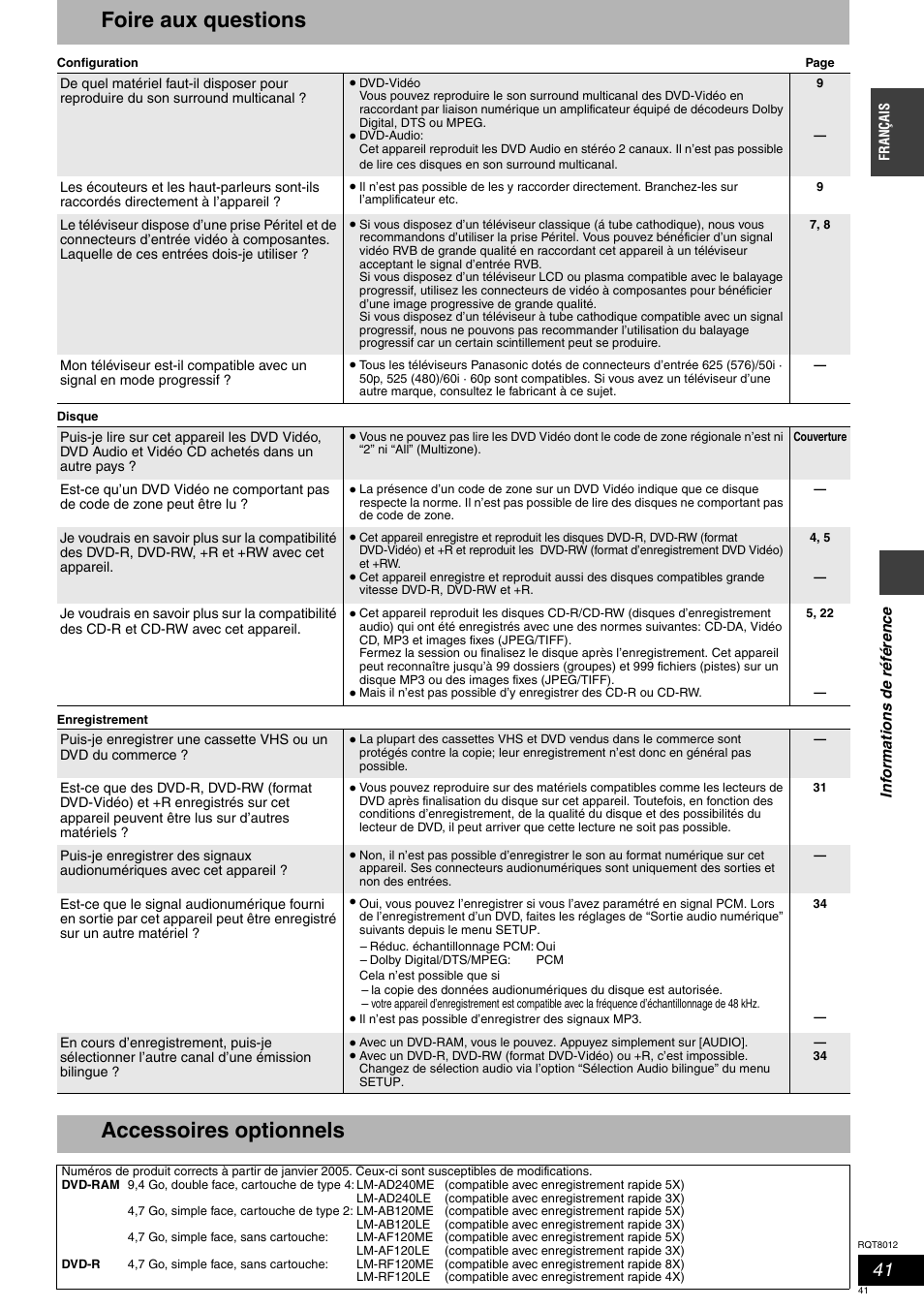 Foire aux questions, Accessoires optionnels | Panasonic DMRES10 User Manual | Page 41 / 156