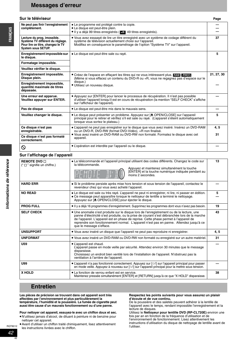 Messages d’erreur, Entretien | Panasonic DMRES10 User Manual | Page 42 / 156