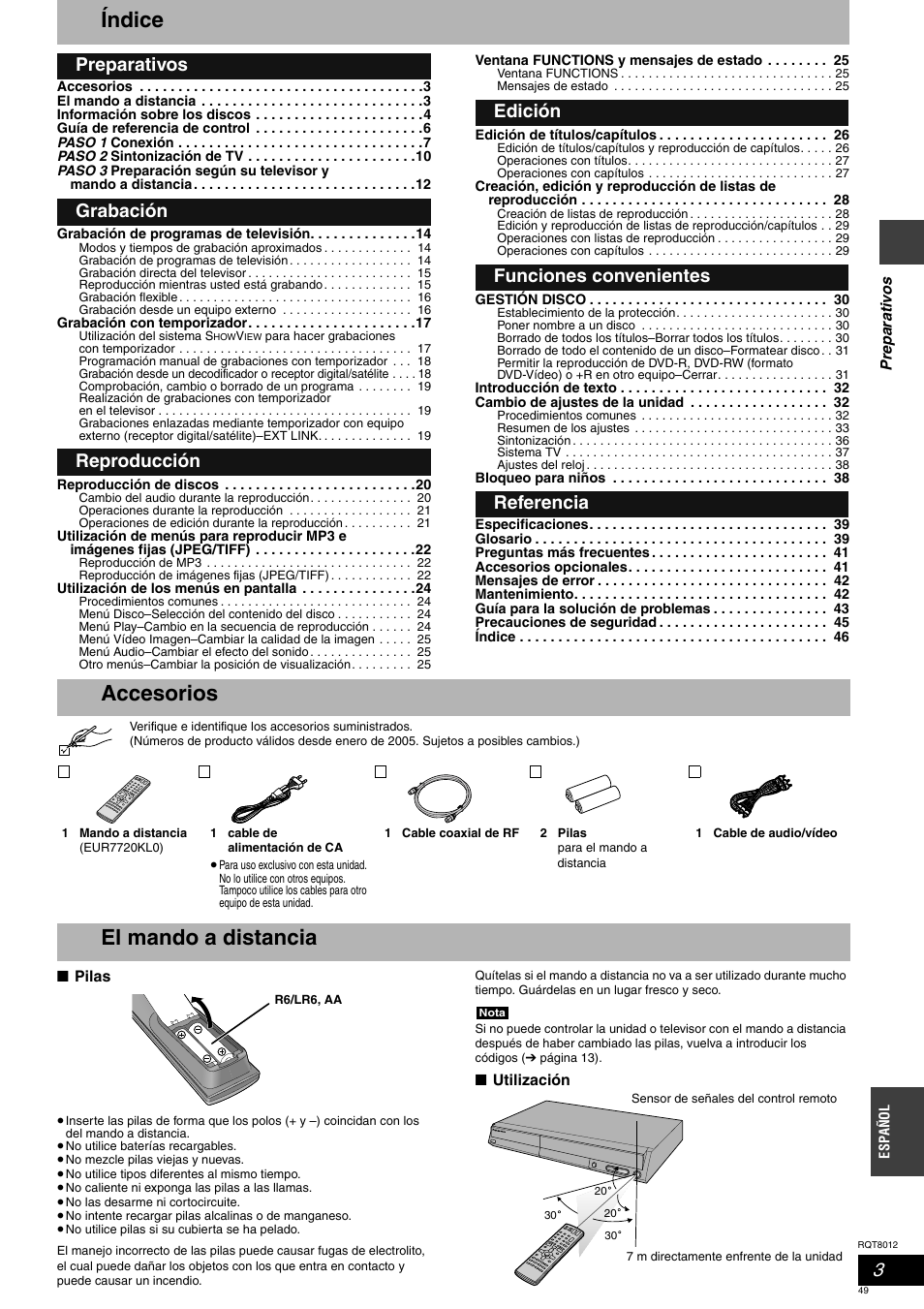 Índice, Accesorios el mando a distancia | Panasonic DMRES10 User Manual | Page 49 / 156