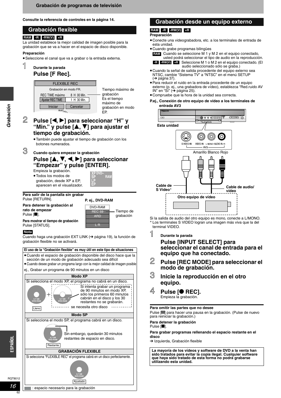 Grabación flexible, Grabación desde un equipo externo | Panasonic DMRES10 User Manual | Page 62 / 156