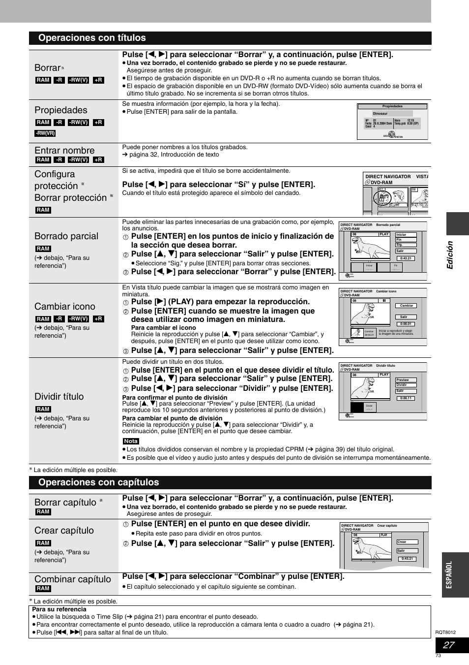 Operaciones con títulos borrar, Propiedades, Entrar nombre | Configura protección borrar protección, Borrado parcial, Cambiar icono, Dividir título, Operaciones con capítulos borrar capítulo, Crear capítulo, Combinar capítulo | Panasonic DMRES10 User Manual | Page 73 / 156