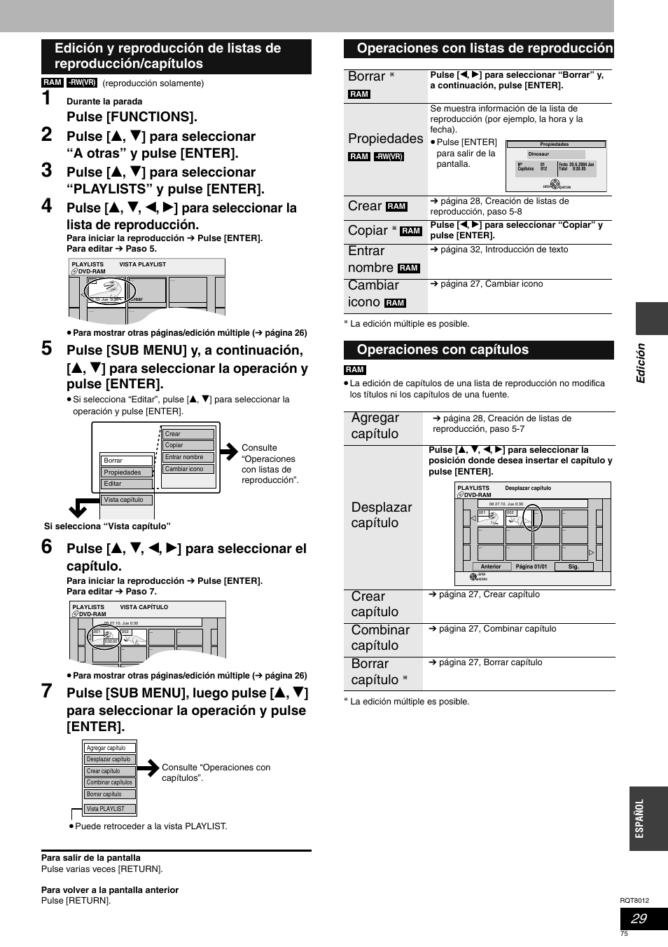 Pulse [functions, Operaciones con listas de reproducción borrar, Propiedades | Crear, Copiar, Entrar nombre, Cambiar icono, Crear capítulo, Combinar capítulo, Borrar capítulo | Panasonic DMRES10 User Manual | Page 75 / 156