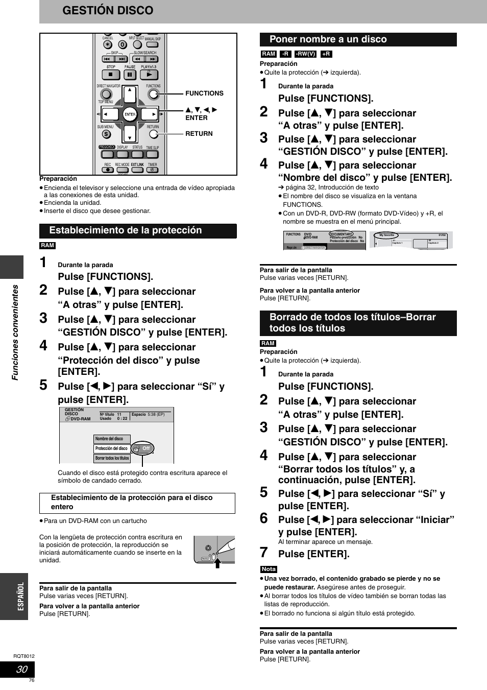 Gestión disco, Pulse [functions, Pulse [enter | Establecimiento de la protección | Panasonic DMRES10 User Manual | Page 76 / 156