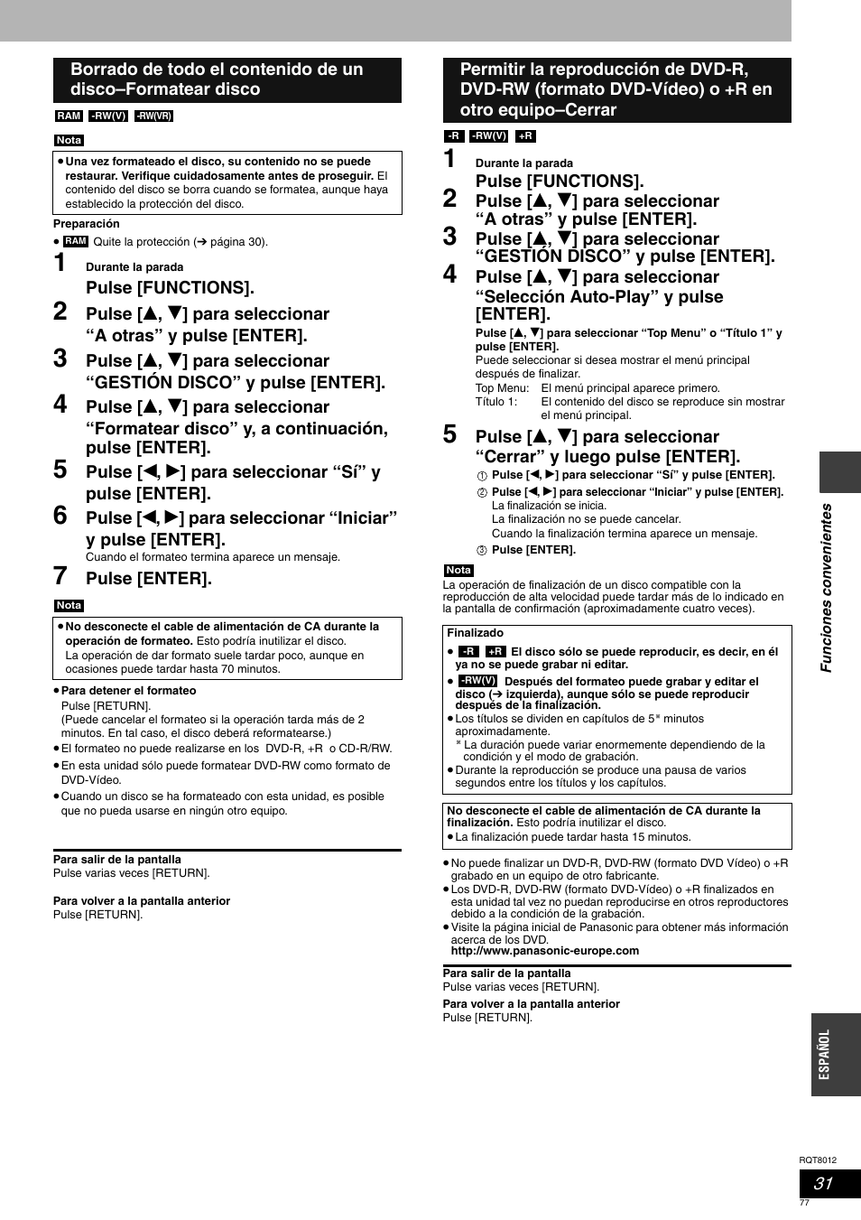 Pulse [functions, Pulse [enter | Panasonic DMRES10 User Manual | Page 77 / 156