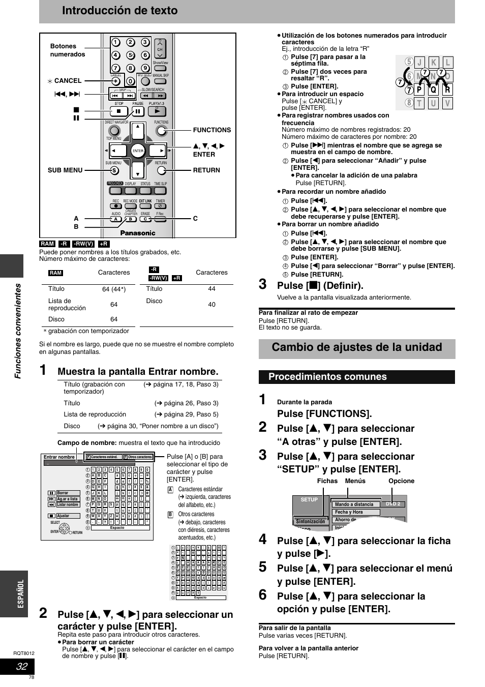 Introducción de texto, Cambio de ajustes de la unidad, Muestra la pantalla entrar nombre | Pulse [ g ] (definir), Pulse [functions, Procedimientos comunes, Func io nes c onv enient es, Espa ñol | Panasonic DMRES10 User Manual | Page 78 / 156