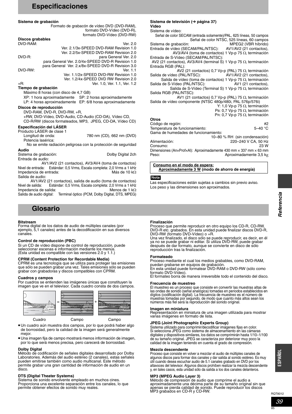 Especificaciones, Glosario | Panasonic DMRES10 User Manual | Page 85 / 156
