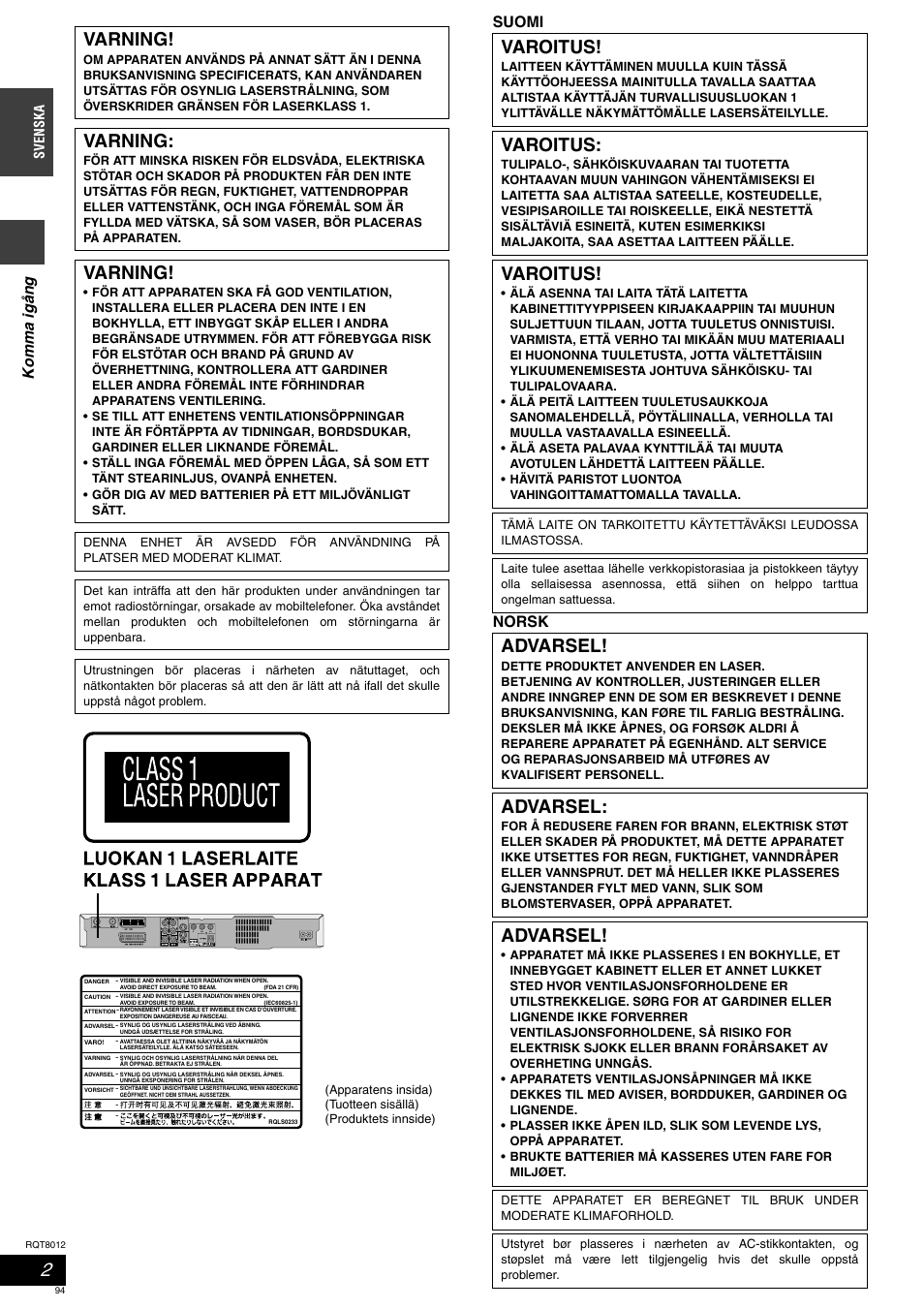 Varning, Varoitus, Advarsel | Komma igång, Suomi norsk | Panasonic DMRES10 User Manual | Page 94 / 156
