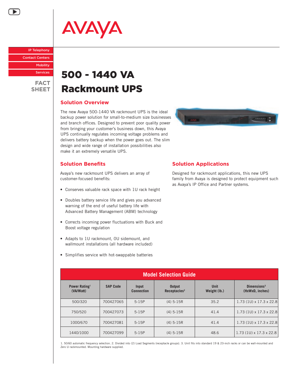 Avaya RACKMOUNT UPS 500 - 1440 VA User Manual | 2 pages