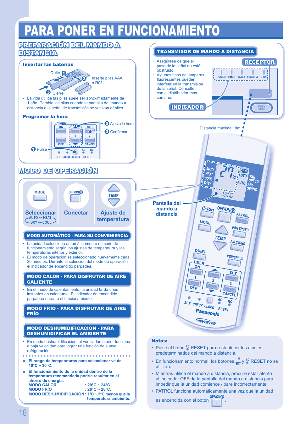 Para poner en funcionamiento, Preparación del mando a | Panasonic CSE12GKEW User Manual | Page 4 / 8