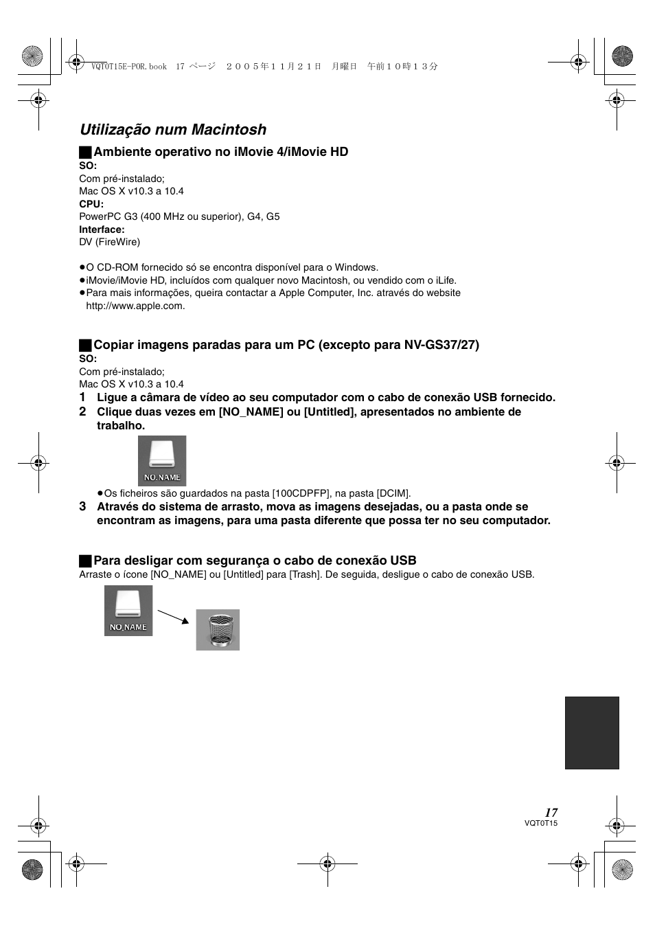 Utilização num macintosh | Panasonic NVGS37E User Manual | Page 17 / 76