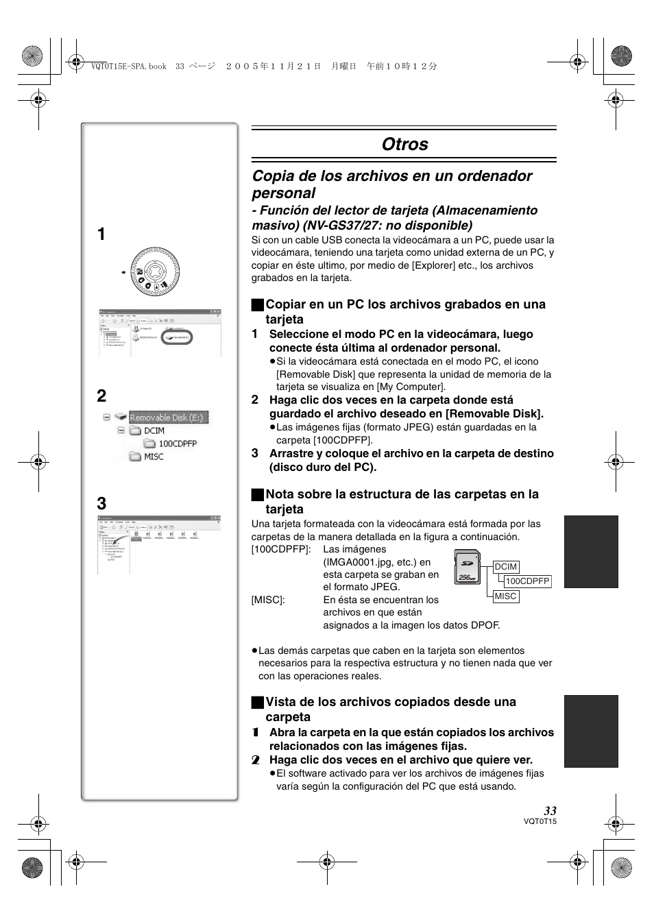 Otros, Copia de los archivos en un ordenador personal | Panasonic NVGS37E User Manual | Page 33 / 76
