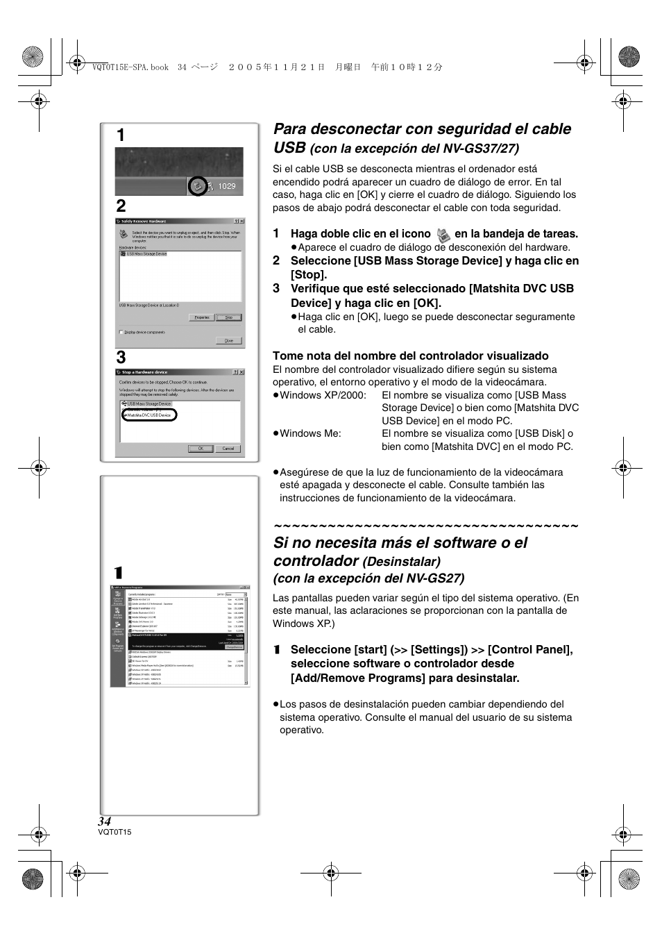 Para desconectar con seguridad el cable usb, Si no necesita más el software o el controlador | Panasonic NVGS37E User Manual | Page 34 / 76