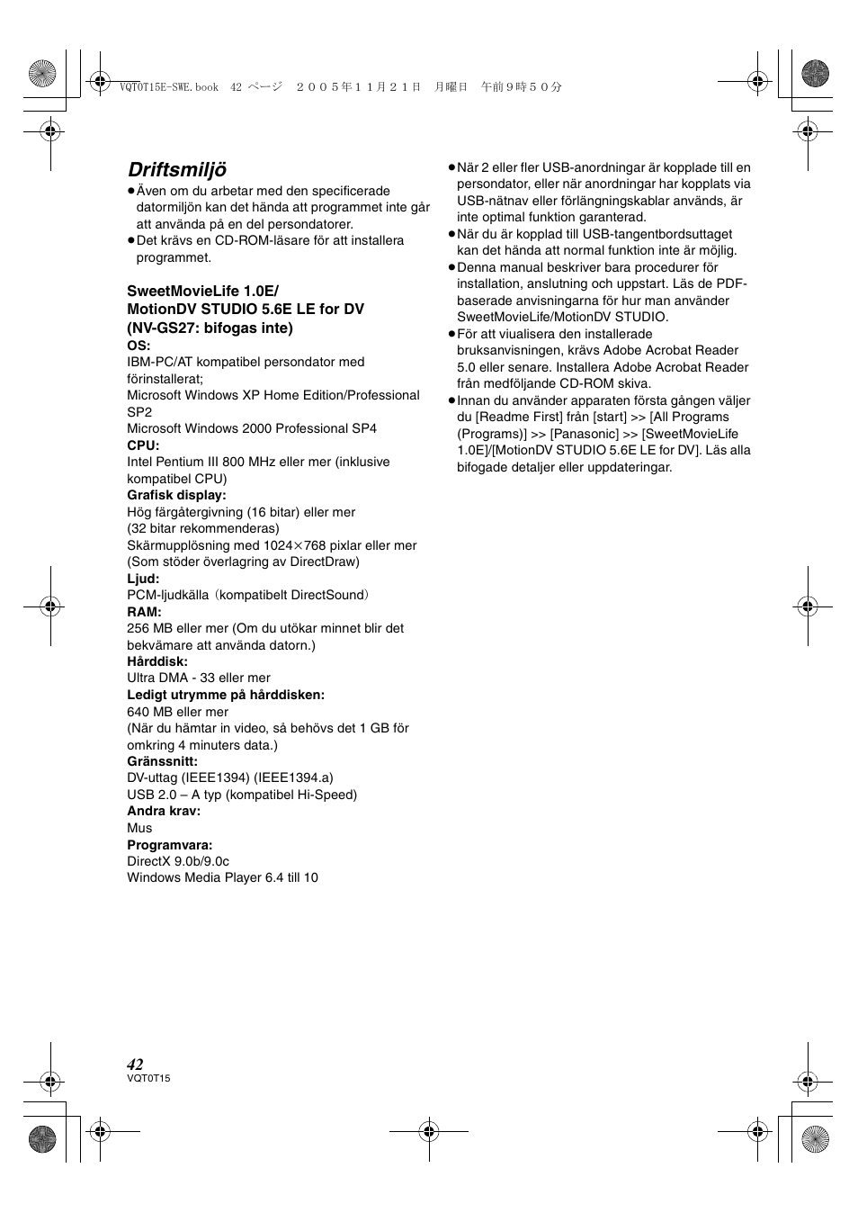 Driftsmiljö | Panasonic NVGS37E User Manual | Page 42 / 76