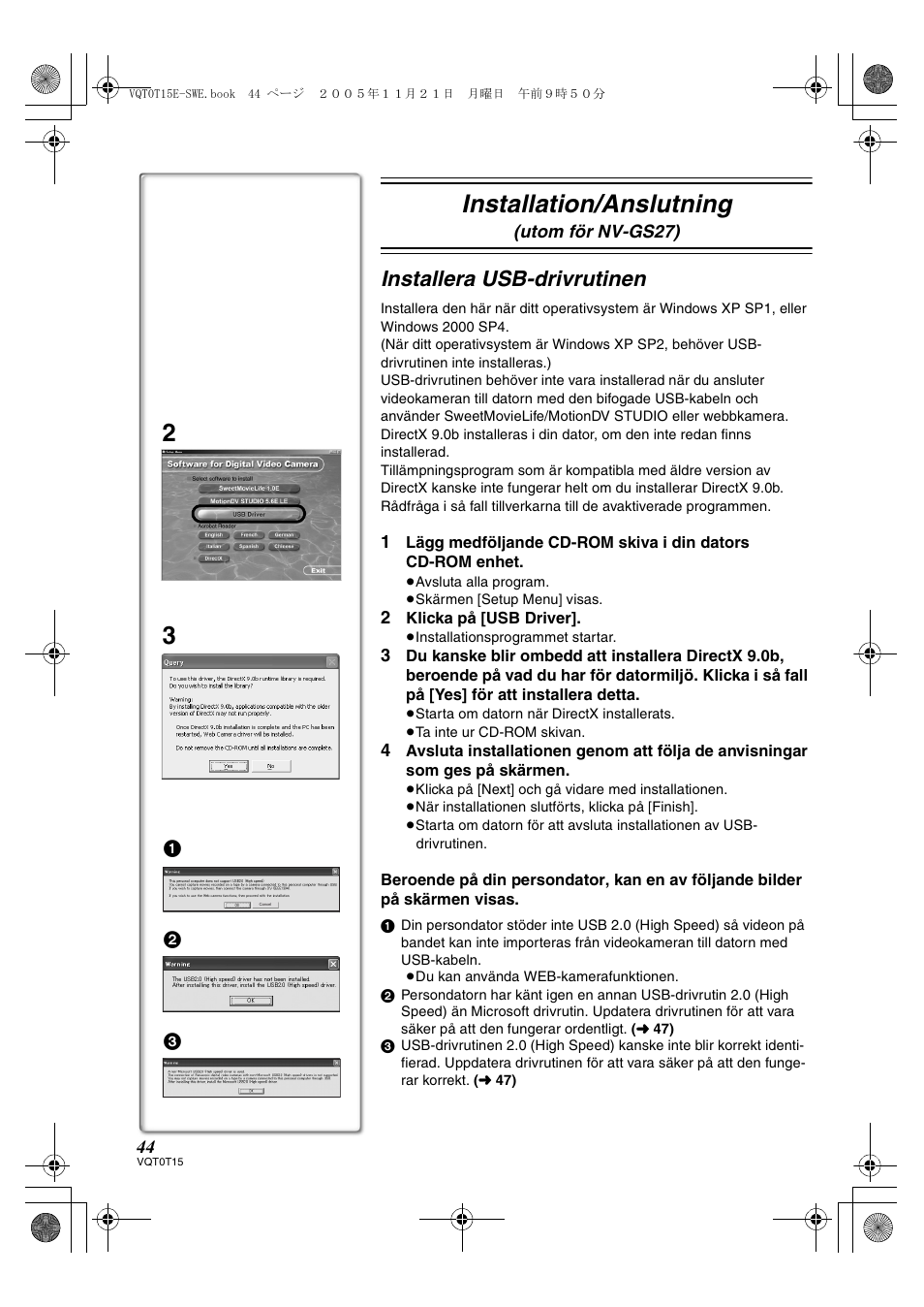 Installation/anslutning, Installera usb-drivrutinen | Panasonic NVGS37E User Manual | Page 44 / 76