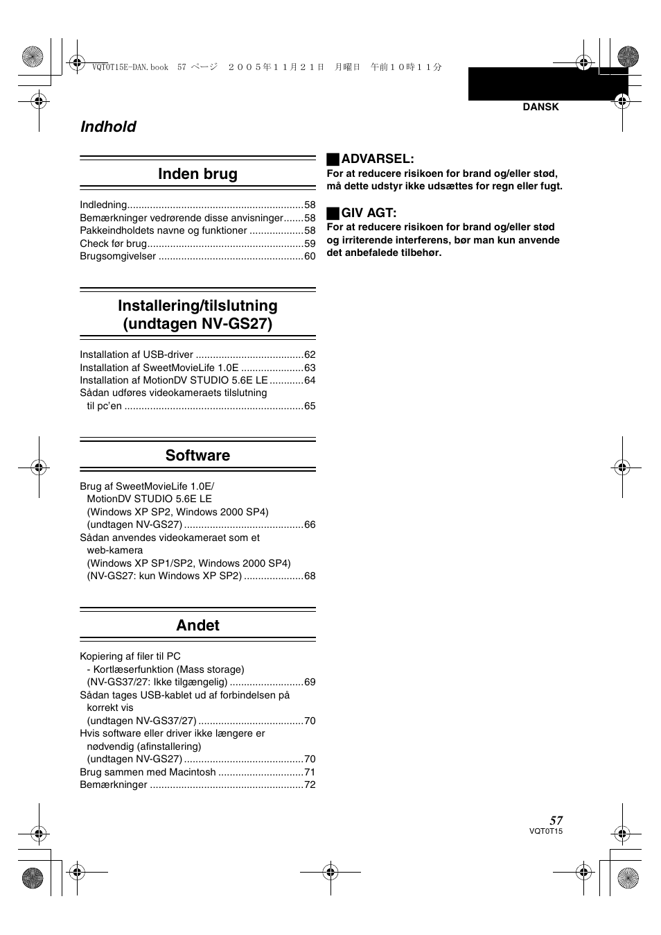 Indhold inden brug, Installering/tilslutning (undtagen nv-gs27), Software | Andet | Panasonic NVGS37E User Manual | Page 57 / 76