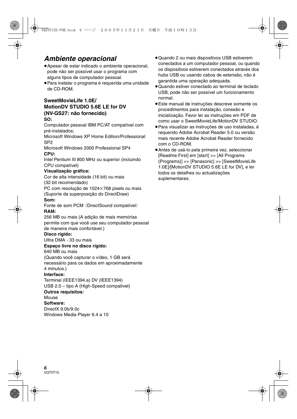 Ambiente operacional | Panasonic NVGS37E User Manual | Page 6 / 76
