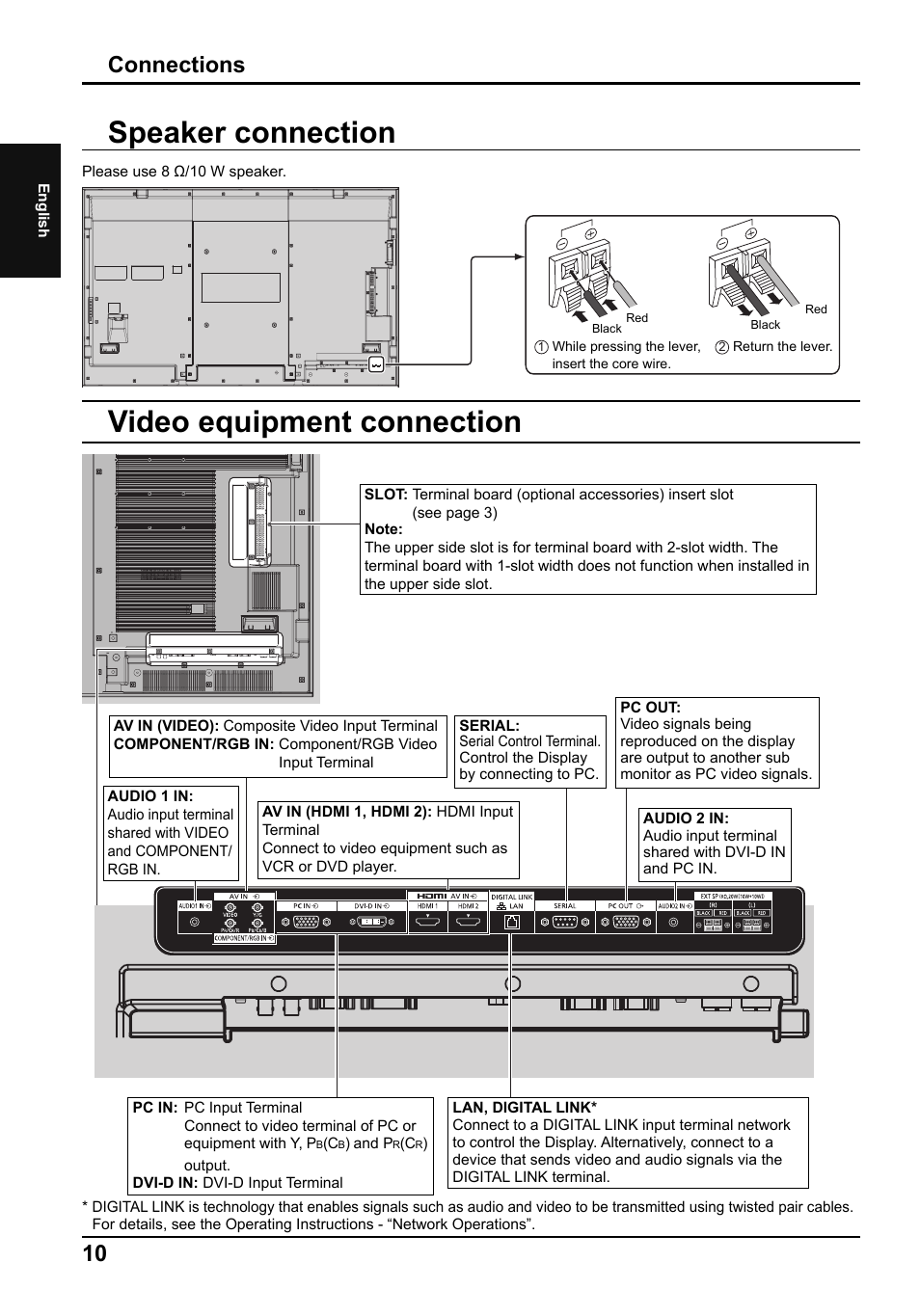 Video equipment connection, Speaker connection, Connections | Panasonic TH80LFB70E User Manual | Page 10 / 32