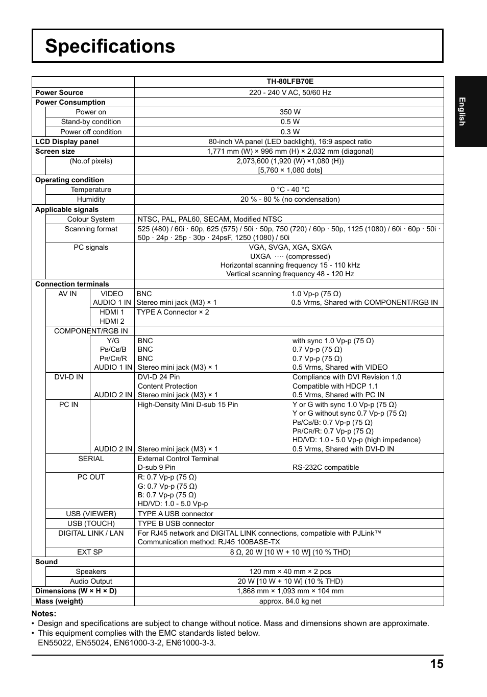 Specifi cations | Panasonic TH80LFB70E User Manual | Page 15 / 32