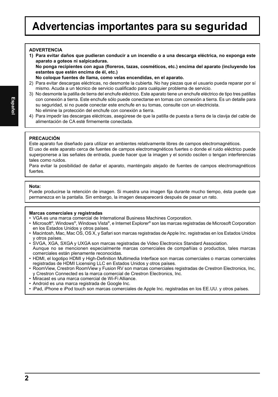 Advertencias importantes para su seguridad | Panasonic TH80LFB70E User Manual | Page 18 / 32