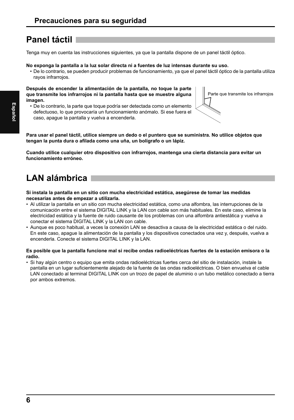 Panel táctil, Lan alámbrica, Precauciones para su seguridad | Panasonic TH80LFB70E User Manual | Page 22 / 32