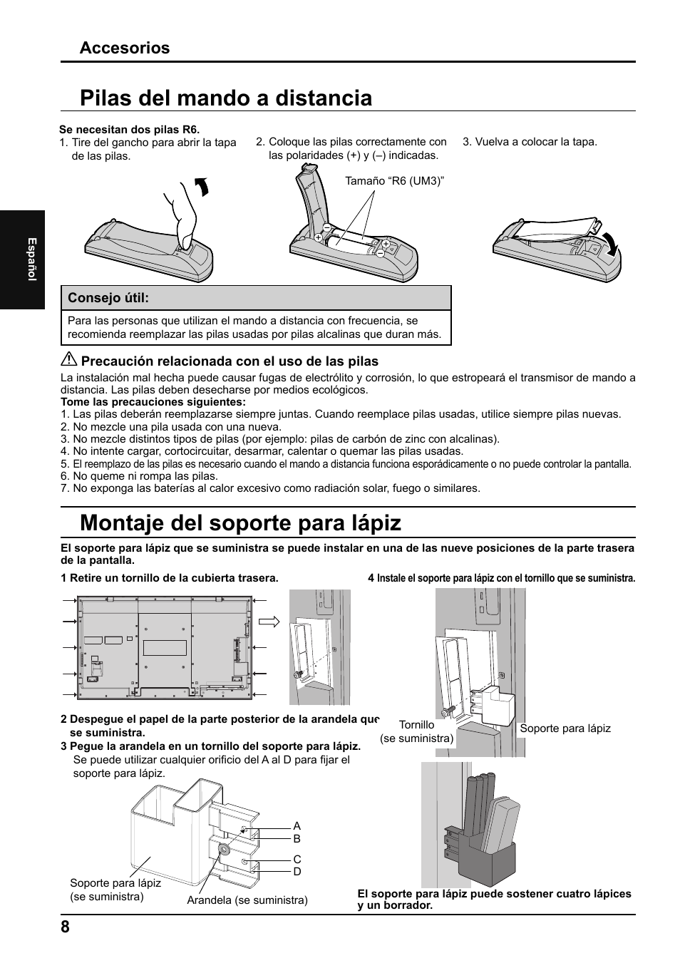 Pilas del mando a distancia, Montaje del soporte para lápiz, Accesorios | Panasonic TH80LFB70E User Manual | Page 24 / 32