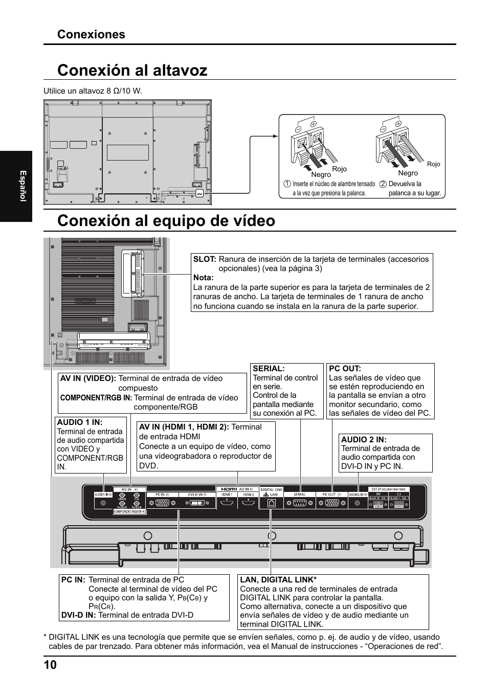 Conexión al equipo de vídeo, Conexión al altavoz, Conexiones | Panasonic TH80LFB70E User Manual | Page 26 / 32