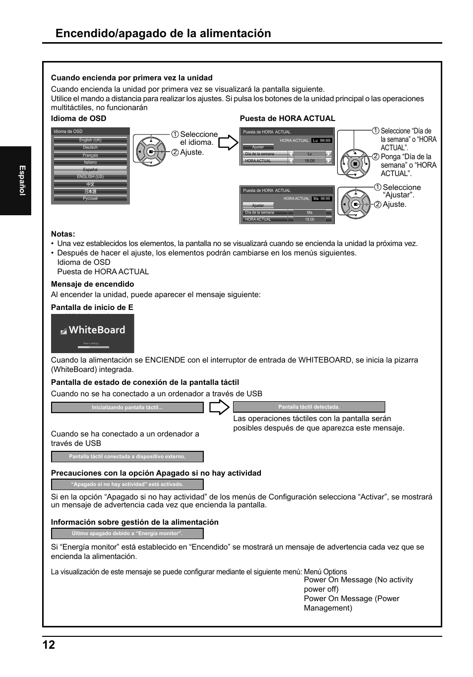 Encendido/apagado de la alimentación, Whiteboard | Panasonic TH80LFB70E User Manual | Page 28 / 32