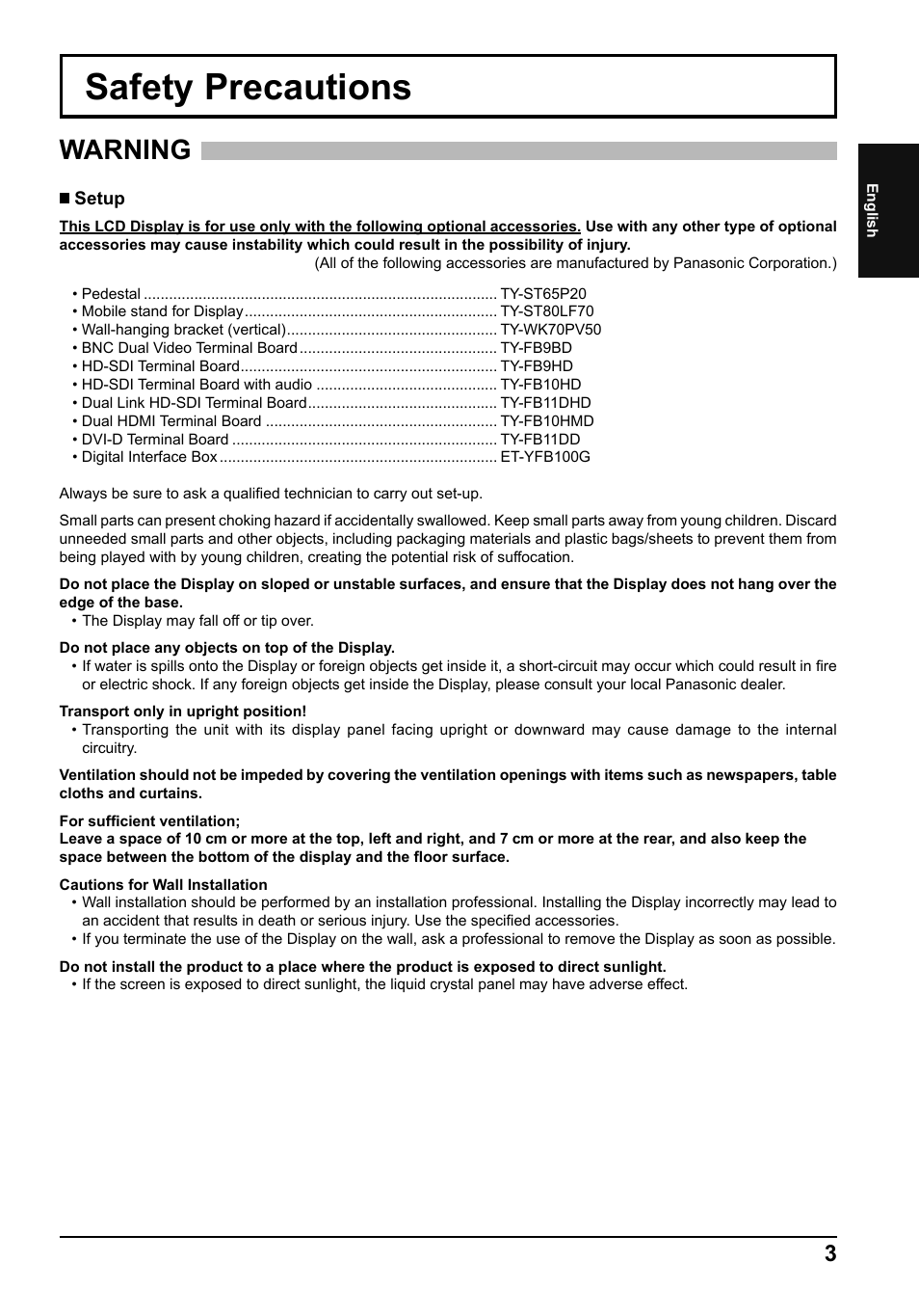 Safety precautions, Warning | Panasonic TH80LFB70E User Manual | Page 3 / 32