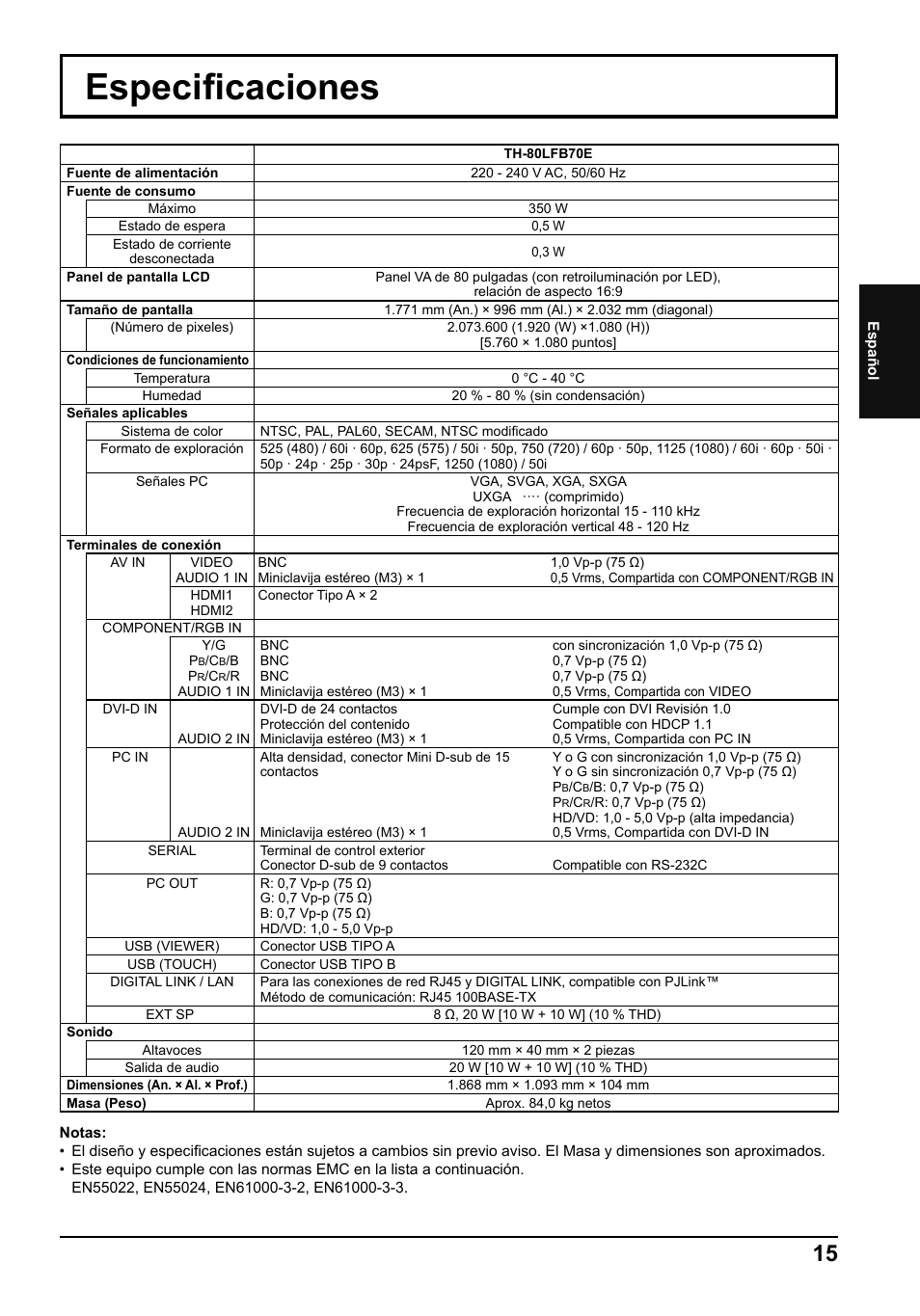 Especifi caciones | Panasonic TH80LFB70E User Manual | Page 31 / 32