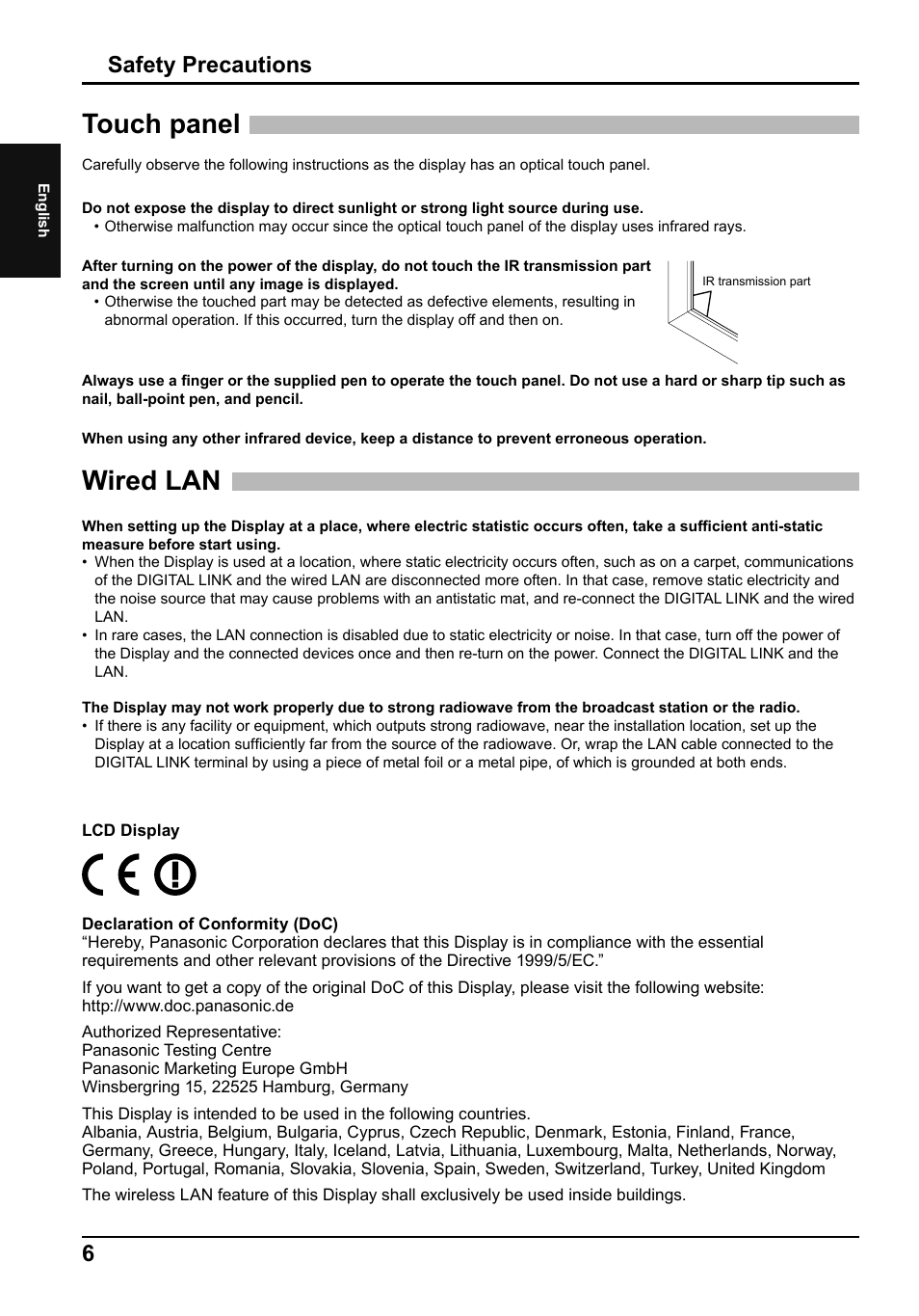 Touch panel, Wired lan, Safety precautions | Panasonic TH80LFB70E User Manual | Page 6 / 32